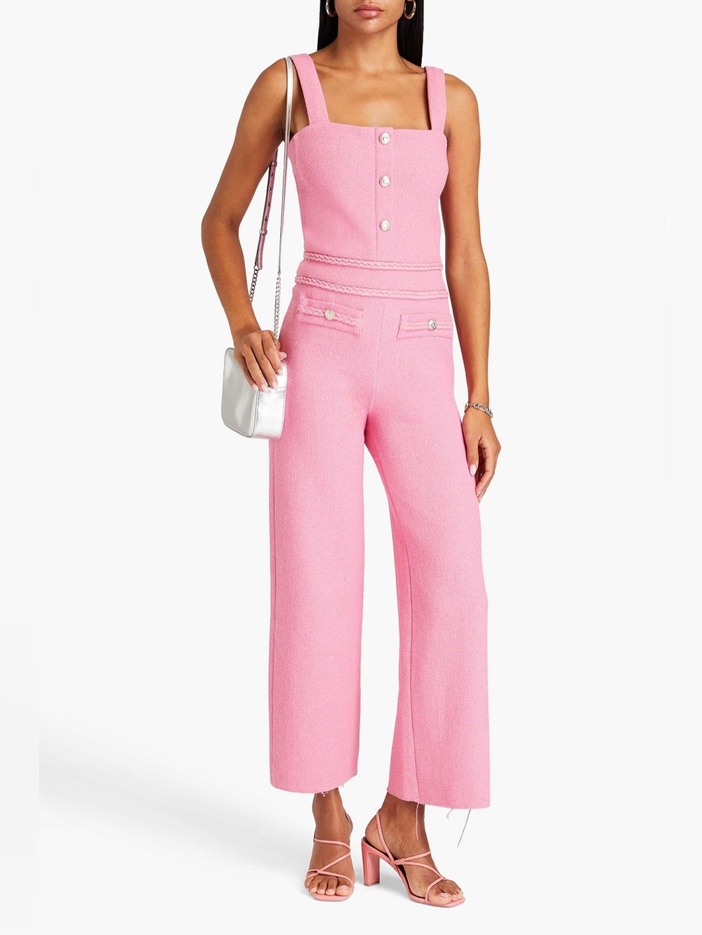 Maje Pink Bouclé Tweed Wide-Leg Jumpsuit